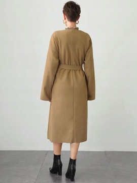 PŁASZCZ DAMSKI ELEGANCKI OVERSIZE WATERFALL WIĄZANY DŁUGI KHAKI SHEIN L 40