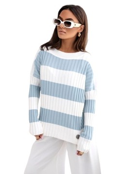 Damski sweter oversize w paski z okrągłym dekoltem dzianina w prążek