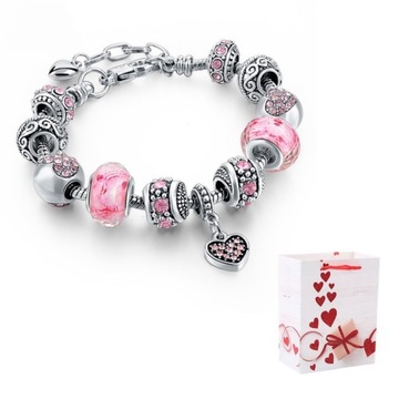 Bransoletka Srebrna Modułowa Różowa Beads Charms Regulowana 19 - 22 cm