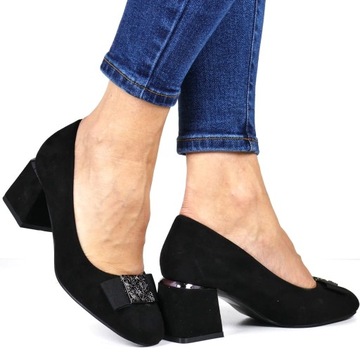 CZÓŁENKA NA KLOCKU WYGODNE ELEGANCKIE BUTY DAMSKIE CZARNE ZAMSZ StrefaButa