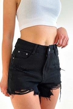 Jeansowe damskie spodenki czarne szorty z przetarciami na lato stan L