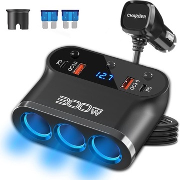 Gniazdo zapalniczki samochodowej 300W: 7 w 1 USB Auto Splitter Zapalniczki