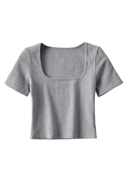 Women Square Neck Rib Crop T-shirt Short Sleeve Cr