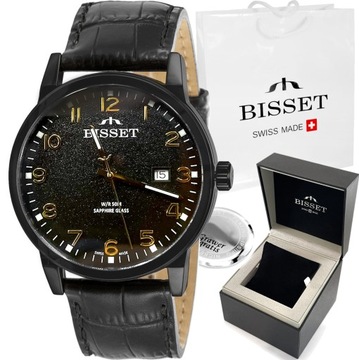 Szwajcarski zegarek męski Bisset datownik -5bar - SZAFIR box +GRAWER