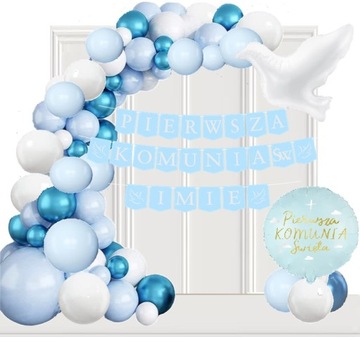 KOMUNIA balony dekoracje na Pierwszą KOMUNIĘ baner + IMIĘ