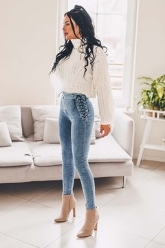 Jeansowe spodnie damskie tregginsy z wiązaniem po bokach wysoki stan ZIP XL