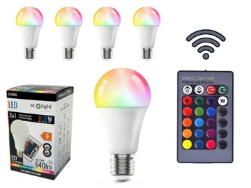 5x Żarówka LED E27 8W RGB + biała Ciepła 16 Kolorów Kula Pilot IR
