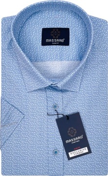 Błękitna koszula męska z krótkim rękawem z lycrą we wzory SLIM-FIT