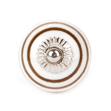 BIAŁA W BRĄZOWE PASECZKI (mała) - gałka ceramiczna
