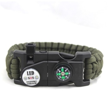 BRANSOLETKA OPASKA SURVIVALOWA SOS PARACORD 19w1KRZESIWO KOMPAS GWIZDEK GRN