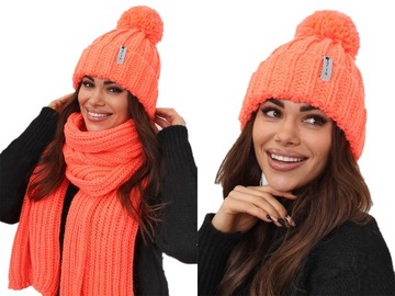 KOMPLET CZAPKA SZALIK CIEPŁY POMARAŃCZ NEON 2491