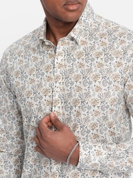 Pánska košeľa SLIM FIT floristický vzor béžová V2 OM-SHPS-0139 S