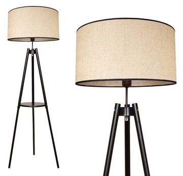 LAMPA STOJĄCA PODŁOGOWA DREWNIANA TRÓJNÓG ZE STOLIKIEM JUTA BOHO LED