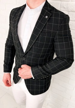 Черный элегантный мужской пиджак в белую клетку 56