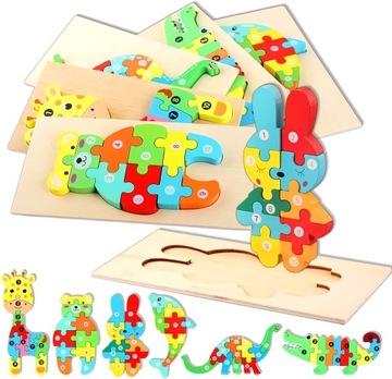 Drewniane puzzle dzieci Montessori klocki układanka 6szt prezent
