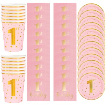 Zestaw na ROCZEK DZIEWCZYNKI TALERZYKI KUBKI SERWETKI 1ST BIRTHDAY! 44szt