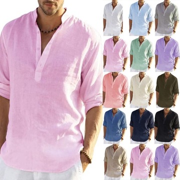 Męskie lniane koszule plażowe Bawełniana luźna koszula z długim rękawem