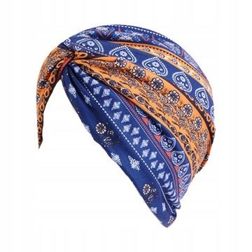 TURBAN W STYLU BOHO MODNY GRANATOWO POMARAŃCZOWY