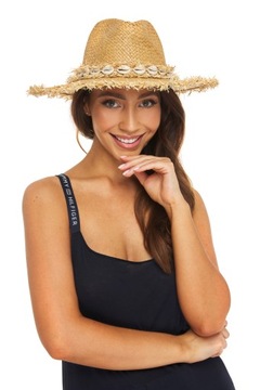 СОЛОМНАЯ ШЛЯПА С ПОТЕРТЫМИ ПОЛЯМИ, ракушки, бежевый