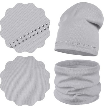 MAJKA KOMPLET JESIENNY CZAPKA BEANIE + KOMIN 48/52 DŻETY JASNY SZARY