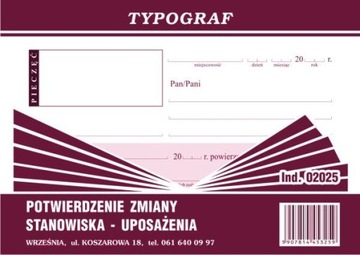 Druk POTWIERDZENIE ZMIANY STANOWISKA format A6