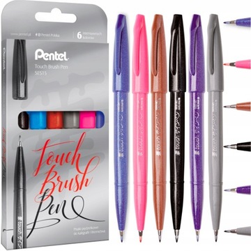PENTEL TOUCH BRUSH PEN SES15 C ZESTAW 6 kol. JAPAN