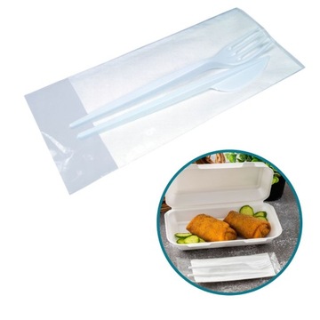 Sztućce plastikowe widelec nóż serwetka białe ZESTAW