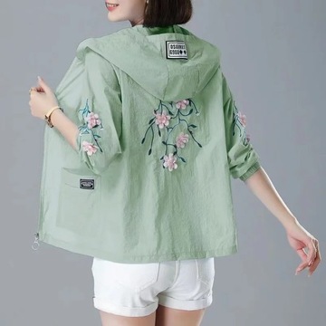 Embroidery Print Hooded Thin Coat Spring Summer Ov