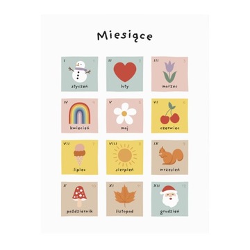 Plakat MIESIĄCE PORY ROKU Montessori 30x40 styl RETRO VINTAGE BOHO