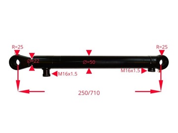 Ход гидроцилиндра 250 мм, длина в разложенном состоянии 710 мм, в сложенном виде 460 мм.