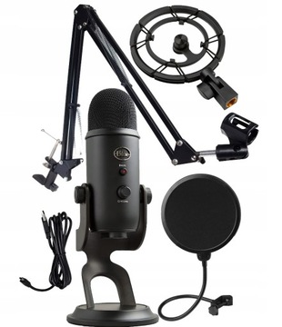 ZESTAW MIKROFON POJEMNOŚCIOWY STUDYJNY BLUE YETI + STATYW + POP + KOSZ