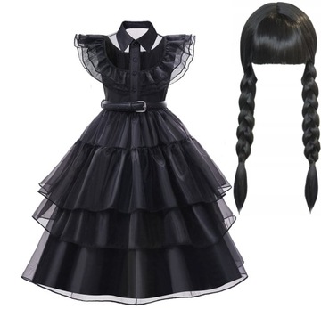 Strój Wednesday Addams Przebranie Sukienka Peruka + Pasek 110-116