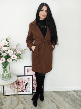 KLSYCZNY JESIENNY DŁUGI PŁASZCZ Z PASKIEM BRĄZOWY