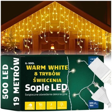 DŁUGIE LAMPKI ZEWNĘTRZNE 19 M SOPLE 500 LED ŚWIATEŁKA ŚWIĄTECZNE IP44 STAŁE