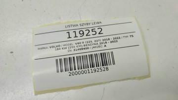 LIŠTA PŘEDNÍ OKNO ČELNÍ LEVÝ VOLVO V60 II S60 31469400
