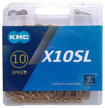 Łańcuch rowerowy KMC X10SL 10 rzędowy 114 ogniw Ti-N GOLD ZŁOTY BOX +SPINKA