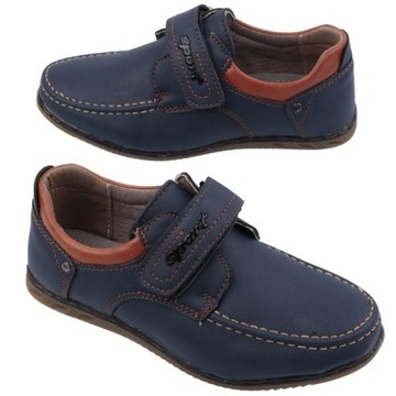 GRANATOWE MOKASYNY CHŁOPIĘCE NA RZEPY PÓŁBUTY DZIECIĘCE ELEGANCKIE WYGODNE