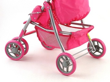 Коляска с поворотными колесами и розовой корзиной.