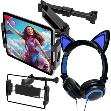 UCHWYT NA ZAGŁÓWEK do AUTA na TABLET TELEFON + Słuchawki KOCIE USZY LED