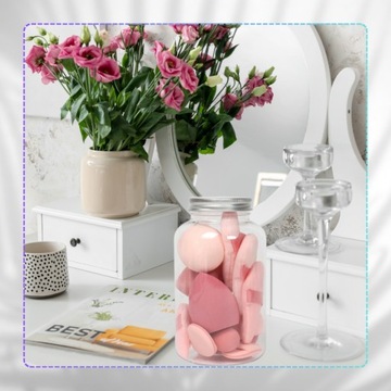 Zestaw różowych gąbek do makijażu w słoiczku blender i puszki do pudru