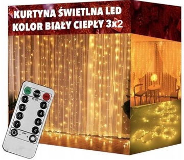 KURTYNA ŚWIETLNA B.CIEPŁA 200 LED USB 3x2M SOPLE NA OKNO CHOINKE + PILOT