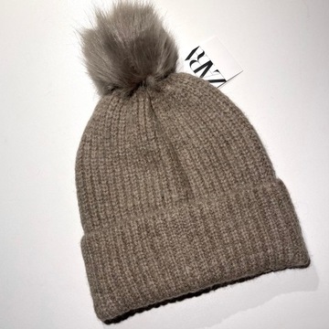 ZARA Czapka Beanie Wełna Ciemny Beż / Brąz Pompon