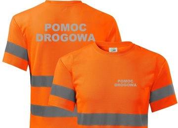 Pomarańczowa koszulka z odblaskowymi pasami i napisem POMOC DROGOWA