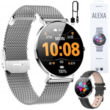 Smartwatch Zegarek Damski Srebrny Manta Alexa 2 Paski PL Saturacja, puls