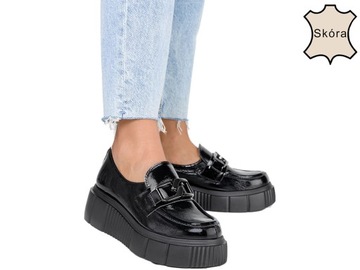 MOKASYNY PÓŁBUTY NA PLATFORMIE ŁAŃCUCH SKÓRA r 39
