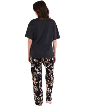 Piżama damska bawełniana koszulka i długie spodnie czarna w kwiaty L
