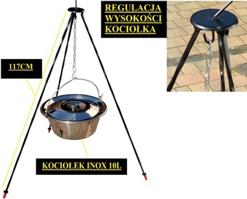 TRÓJNÓG OGRODOWY 117CM KOCIOŁEK INOX 10L POKRYWKA