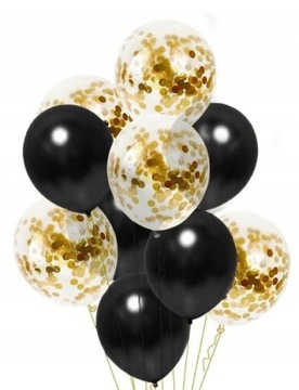 Balony czarne przezroczyste konfetti złote 10 szt