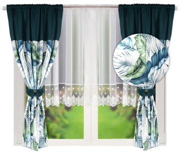 KOMPLET ZASŁON W NIEBIESKIE LIŚCIE + FIRANKA GOTOWA WOAL 400x160 Z TAŚMĄ
