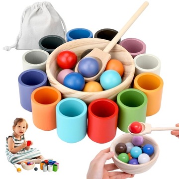 ZABAWKA MONTESSORI DREWNIANA SORTOWANIE UKŁADANIE KOLOROWA PIŁKA 12SZT 3CM